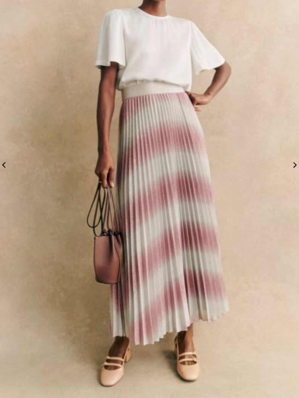 Sezane – Jupe Dilo Metallic Pleated Maxi Skirt (Rose Argent) 34